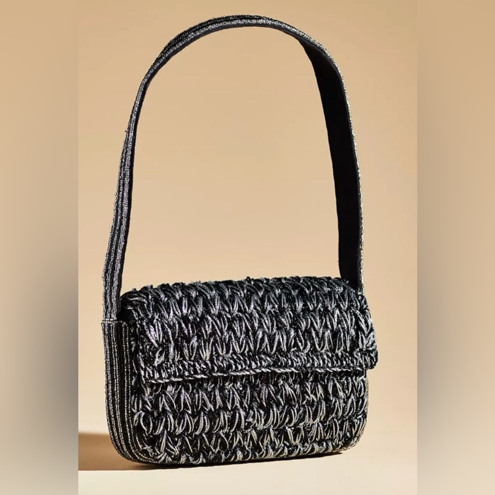 Anthropologie Maeve The Fiona Beaded Bag:
Crochet Edition, Black, Silver, NWT
